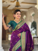 Thumbnail for Vedant Vastram Soft Litchi Silk Paithani Jacquard Saree - Wine - Dista
