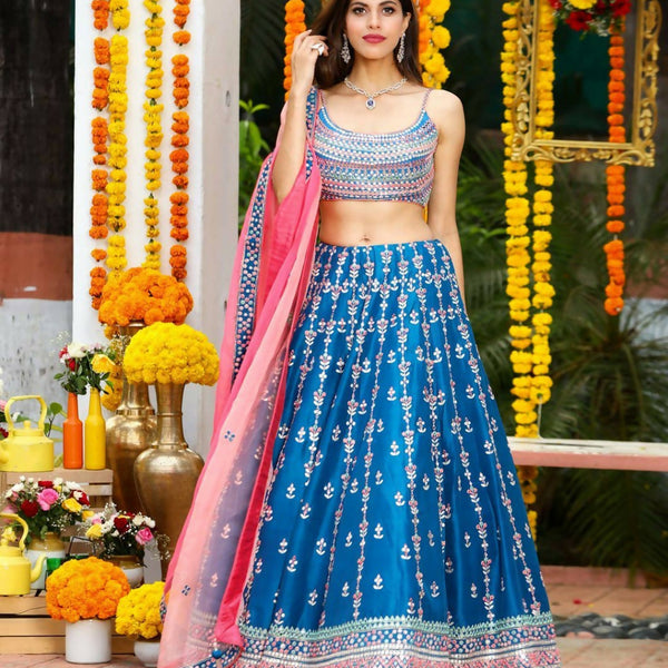 Jyoti Fashion Gorgeous Blue Sequins with Thread & Zari Embroidery Chinon Lehenga Choli with Dupatta - Distacart