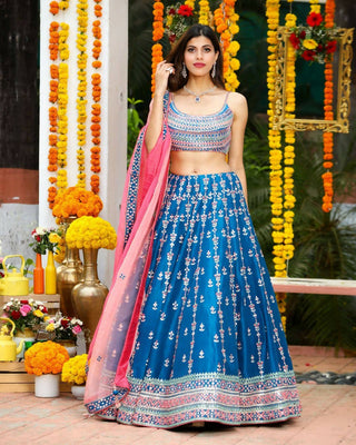 Jyoti Fashion Gorgeous Blue Sequins with Thread & Zari Embroidery Chinon Lehenga Choli with Dupatta - Distacart