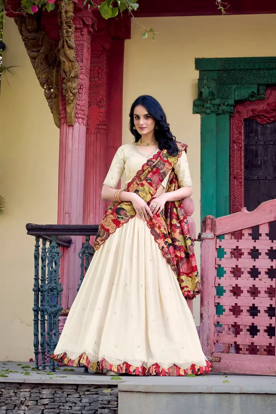 Looknbook Art Vichitra Silk Sequins and Thread Embroidery Work With Kalamkari Print Border Lehenga Choli-Off White