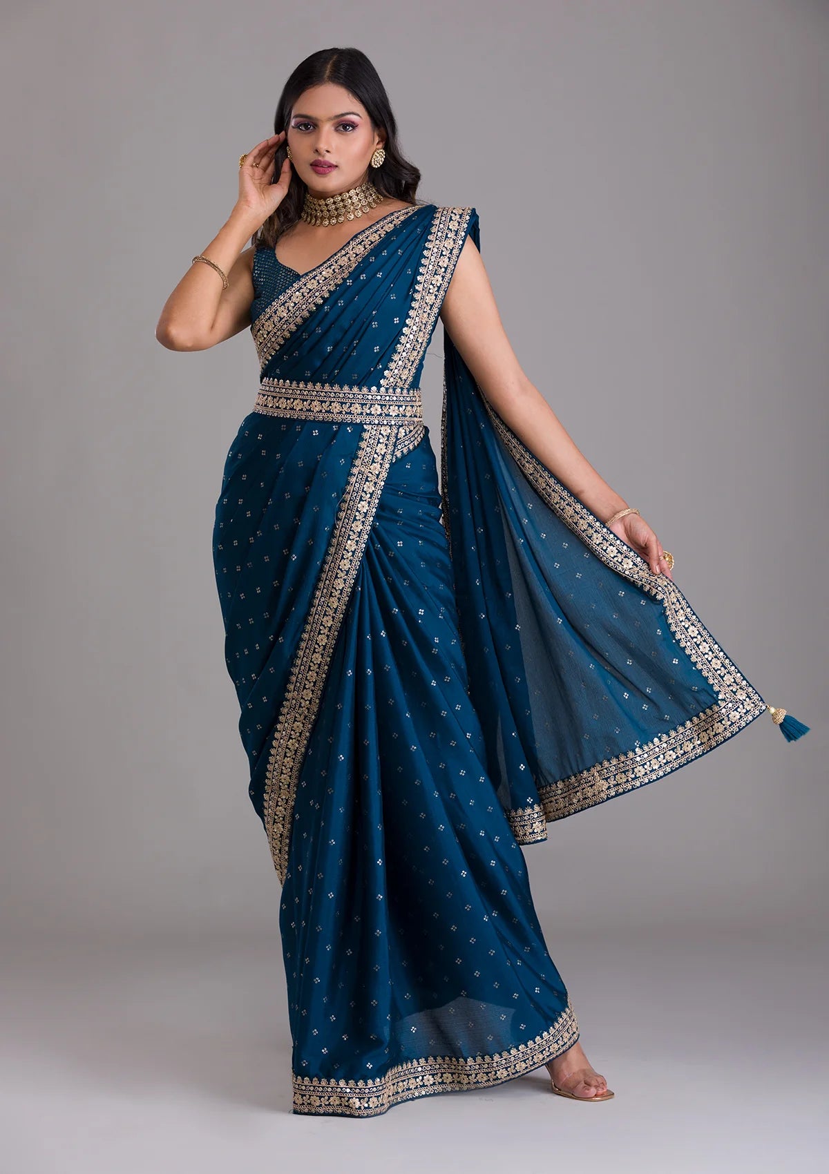 Teeya Creation Petrol Color Chinnon Silk Heavy Embroidery Work Saree - Distacart