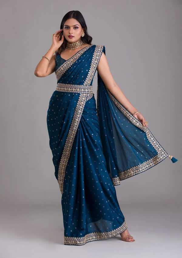 Teeya Creation Petrol Color Chinnon Silk Heavy Embroidery Work Saree - Distacart