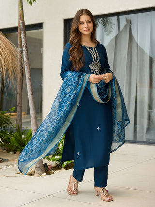 The52 Beautiful Embroidery Work with Rayon Fabric Straight Kurta, Pant and Dupatta Set