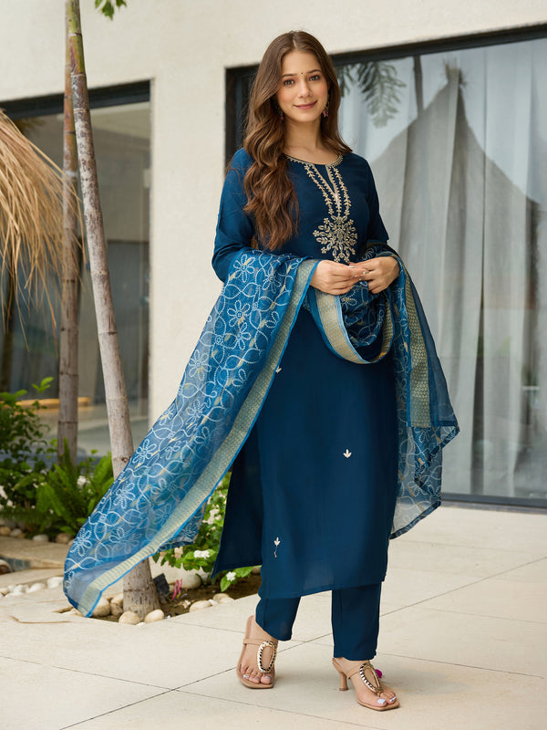 The52 Beautiful Embroidery Work with Rayon Fabric Straight Kurta, Pant and Dupatta Set