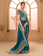 Thumbnail for Teeya Creation Petrol Color Chinnon Silk Heavy Embroidery Work Saree - Distacart