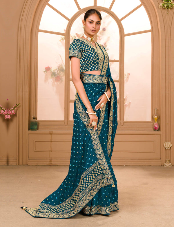Teeya Creation Petrol Color Chinnon Silk Heavy Embroidery Work Saree - Distacart