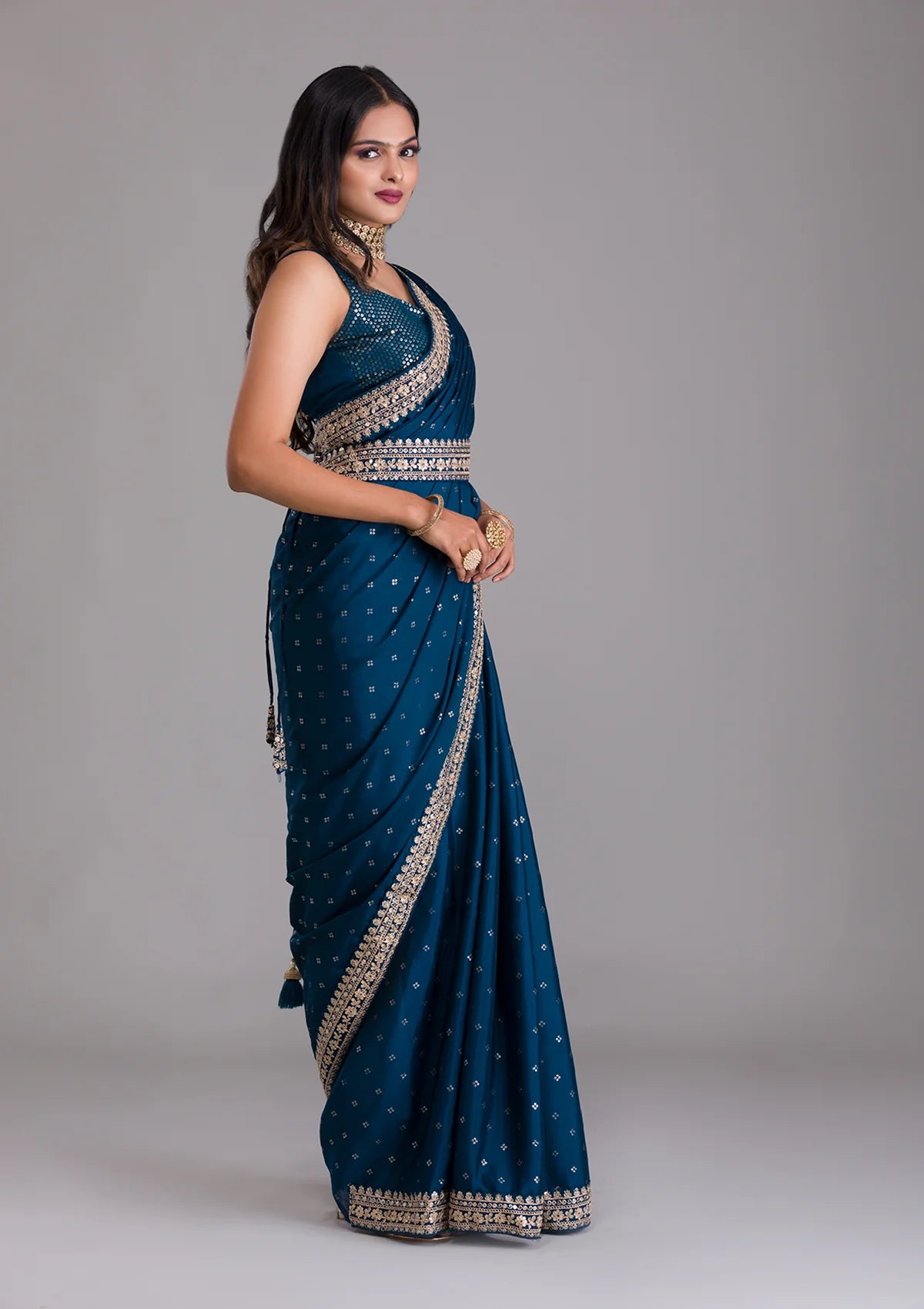 Teeya Creation Petrol Color Chinnon Silk Heavy Embroidery Work Saree - Distacart