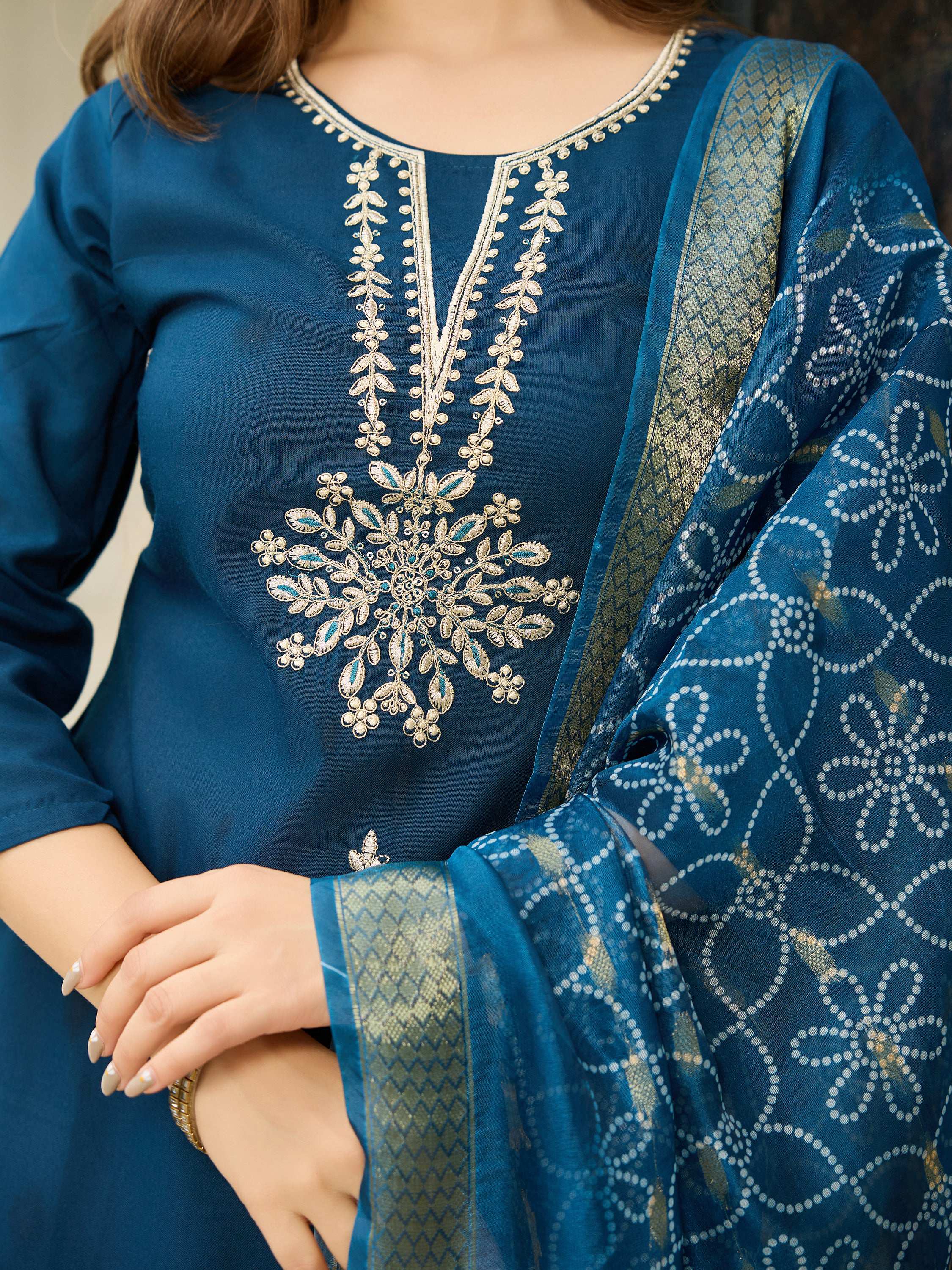 The52 Beautiful Embroidery Work with Rayon Fabric Straight Kurta, Pant and Dupatta Set