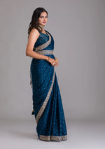 Thumbnail for Teeya Creation Petrol Color Chinnon Silk Heavy Embroidery Work Saree - Distacart