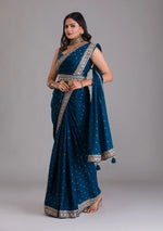 Thumbnail for Teeya Creation Petrol Color Chinnon Silk Heavy Embroidery Work Saree - Distacart