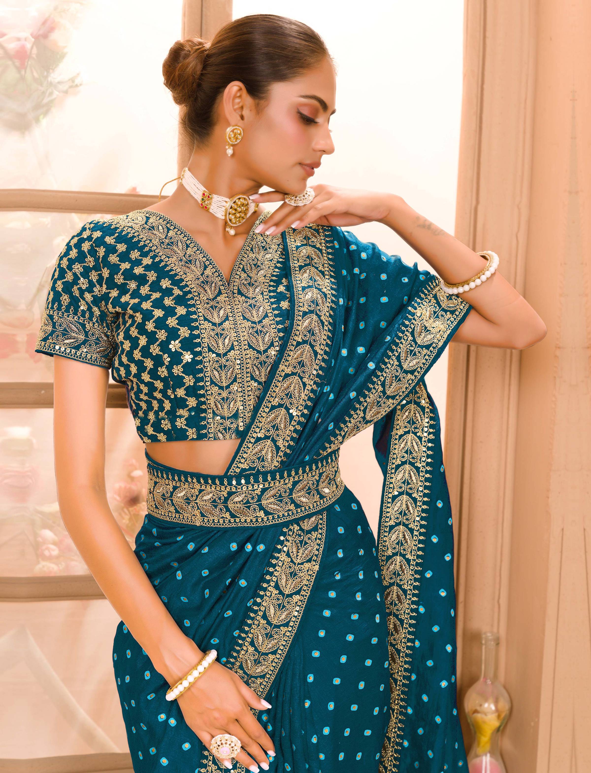 Teeya Creation Petrol Color Chinnon Silk Heavy Embroidery Work Saree - Distacart
