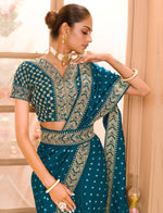 Thumbnail for Teeya Creation Petrol Color Chinnon Silk Heavy Embroidery Work Saree - Distacart