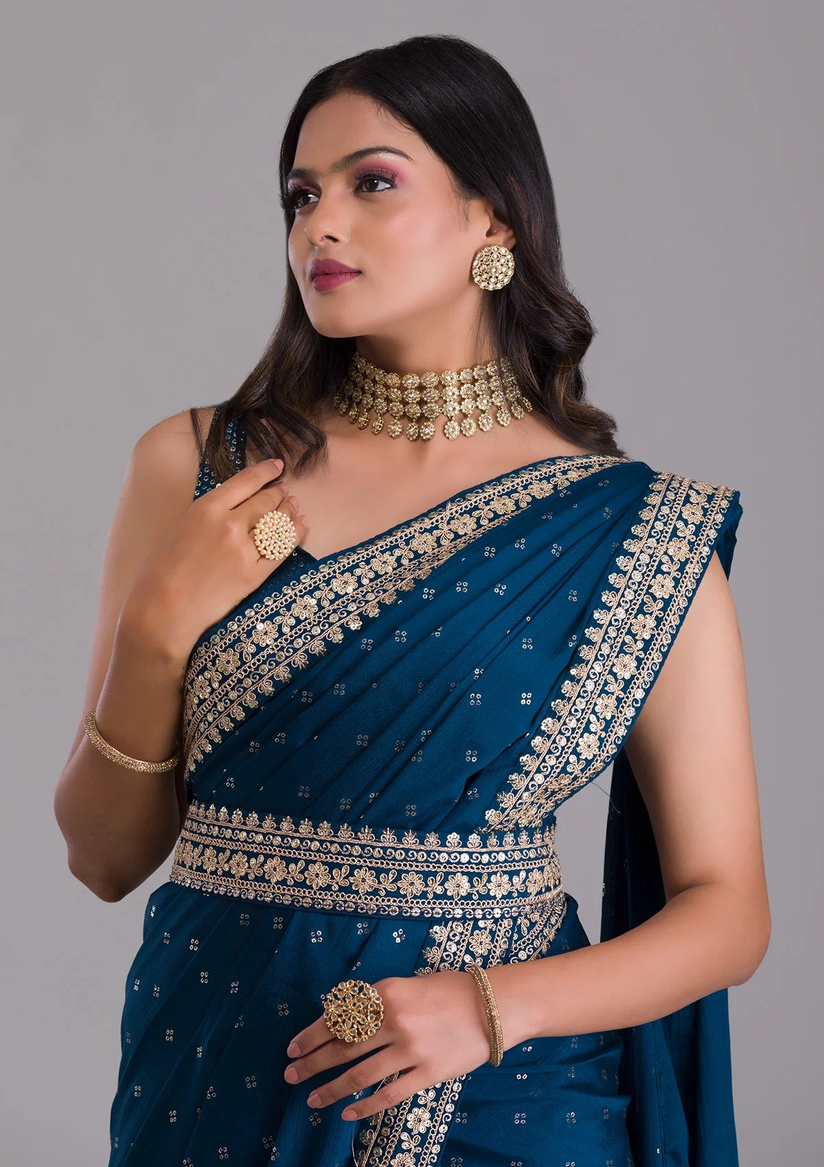 Teeya Creation Petrol Color Chinnon Silk Heavy Embroidery Work Saree - Distacart