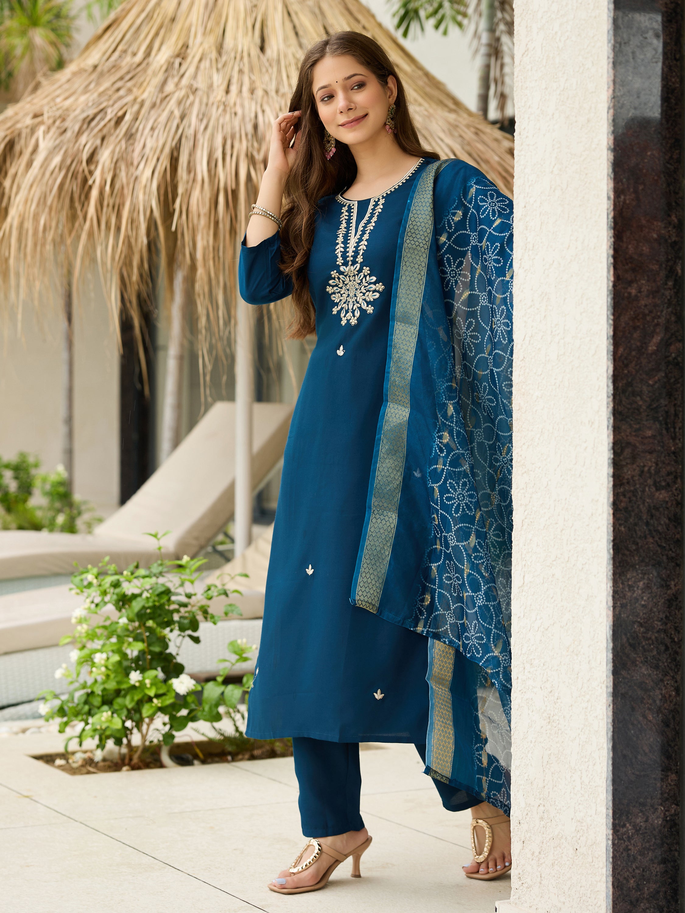 The52 Beautiful Embroidery Work with Rayon Fabric Straight Kurta, Pant and Dupatta Set