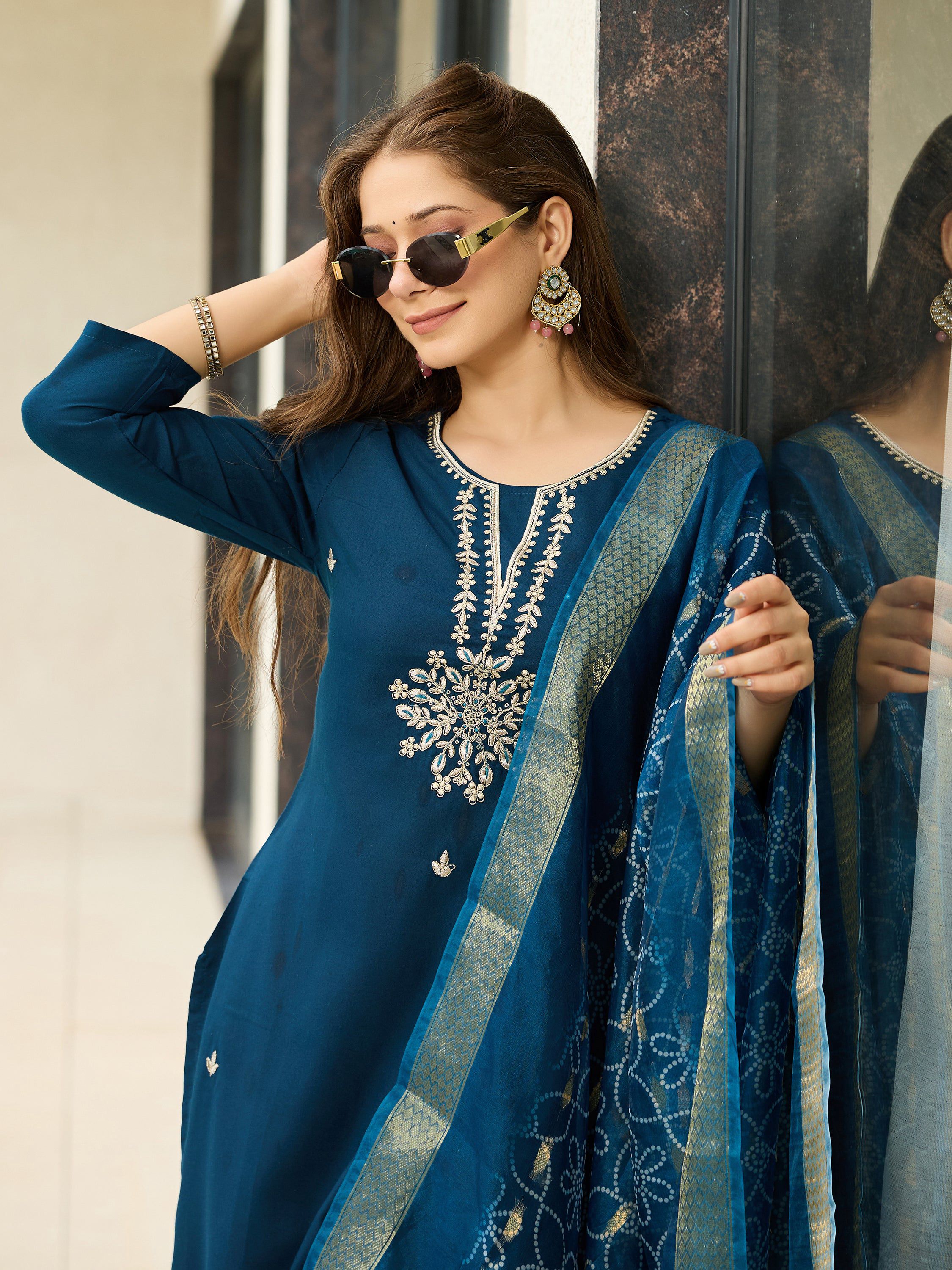 The52 Beautiful Embroidery Work with Rayon Fabric Straight Kurta, Pant and Dupatta Set