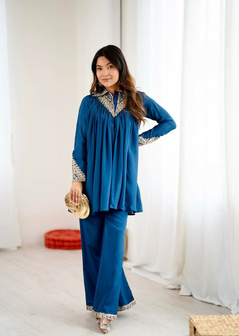 Teeya Creation Blue Heavy Chinnon Silk Embroidery Work Plazo pair