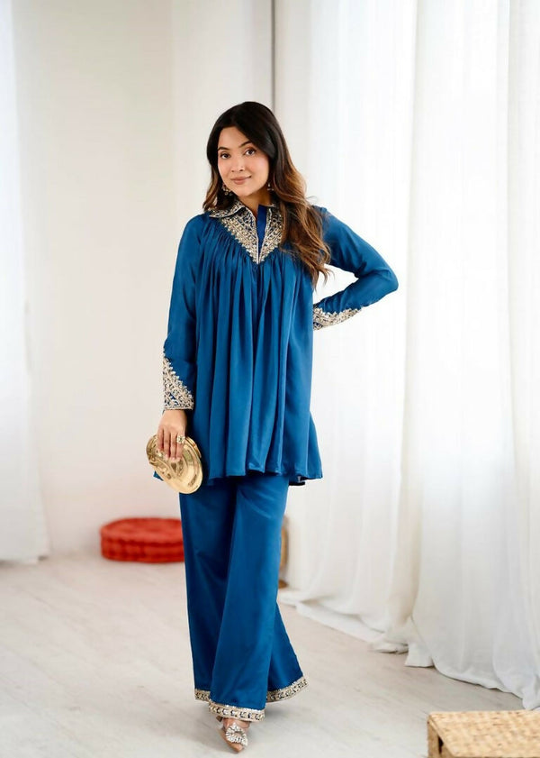 Teeya Creation Blue Heavy Chinnon Silk Embroidery Work Plazo pair