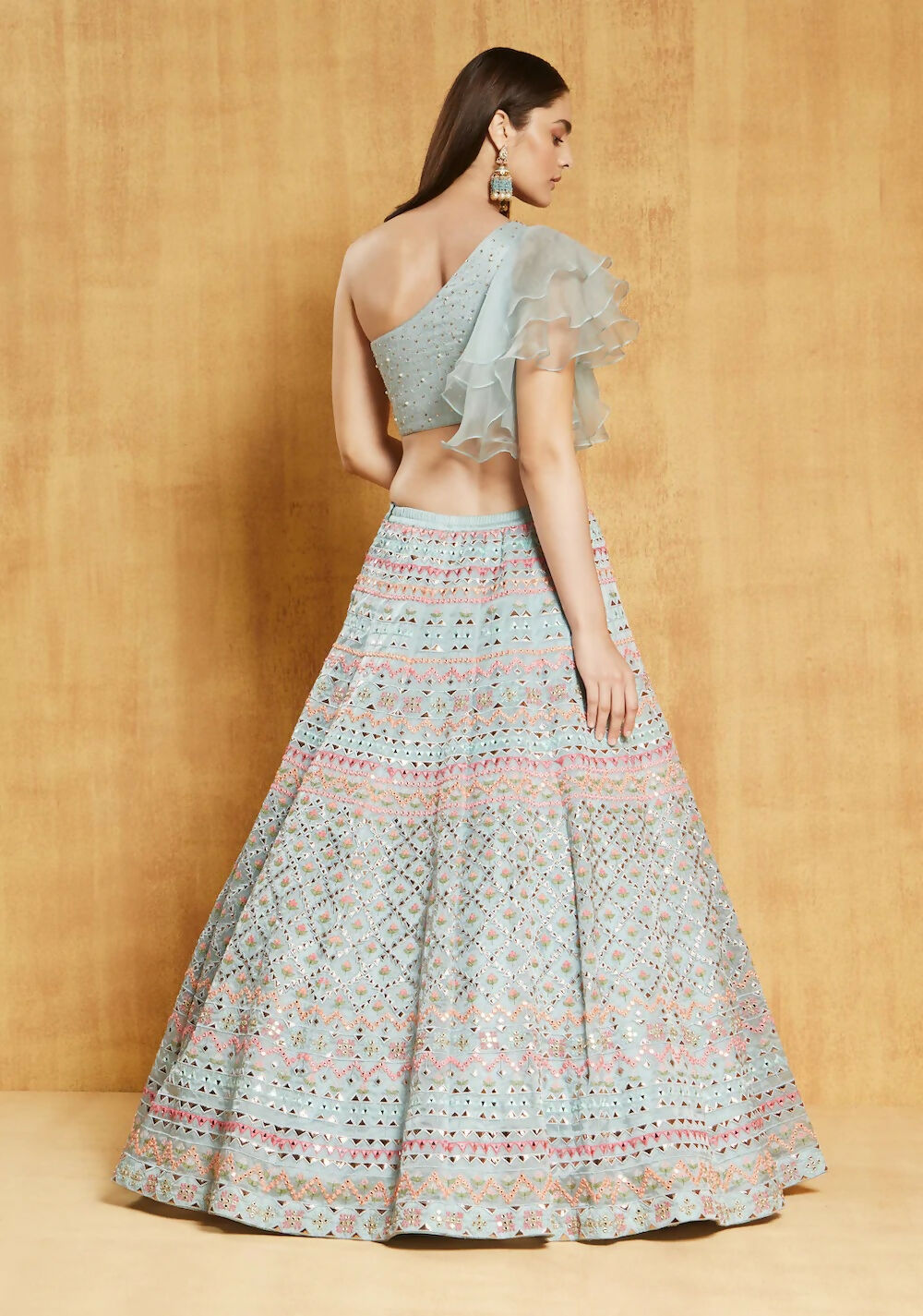 Jyoti Fashion Light Turquoise Thread, Zari and Paper Mirror Embroidered Organza One Shoulder Bridal Lehenga Choli - Distacart