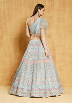Thumbnail for Jyoti Fashion Light Turquoise Thread, Zari and Paper Mirror Embroidered Organza One Shoulder Bridal Lehenga Choli - Distacart