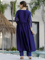 Thumbnail for The52 Blue Women's Beautiful Embroidered Vichitra Silk Fabric with Flared Kurta, Pant and Dupatta Set - Distacart