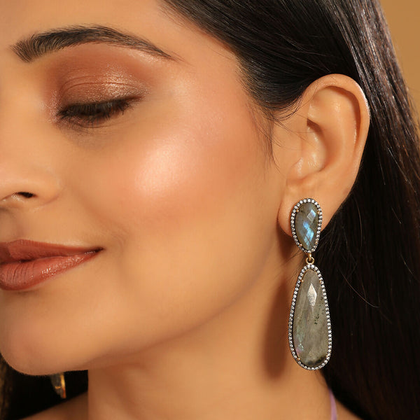 Nuyug 22K Gold Plated Labradorite Stone Contemporary Drop Earrings