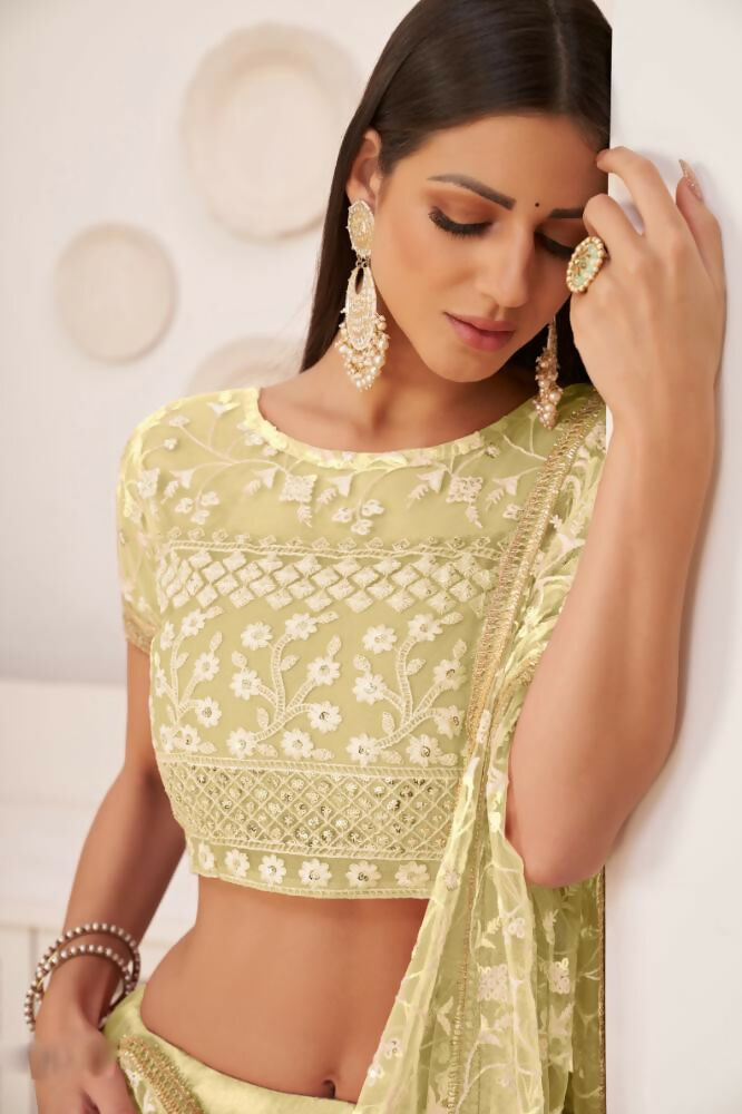 Aastha Fashion Lemon Yellow Butterfly Net White Cotton Thread Work, Zari Work And Sandwich Sequence Work Embroidery Wedding Wear Lehenga Choli - Distacart