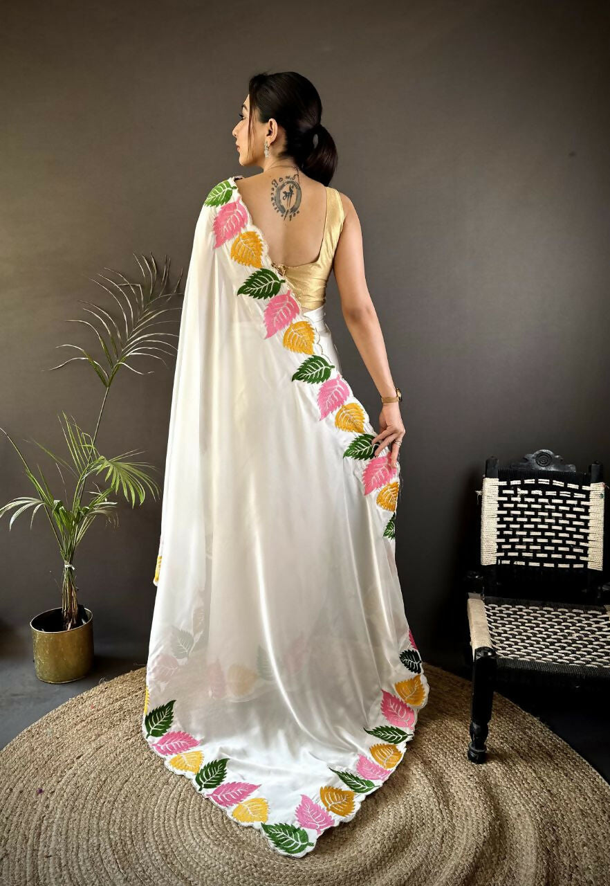 Prime Volt Multicolor Leaf Embroidery Rangoli Silk Saree with Scalloped Border-White - Dista