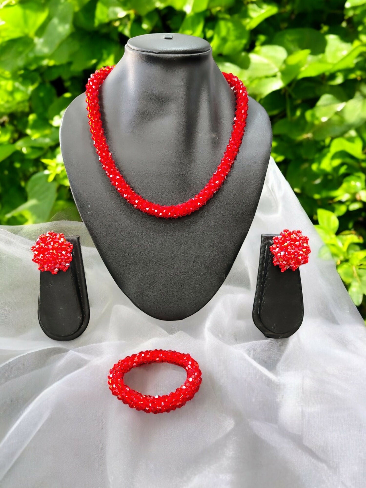 Inhanns Complete Look Crystal Statement 3-Piece Set (Adjustable Necklace + Earrings + Adjustable Bangle ) - Red - Distacart