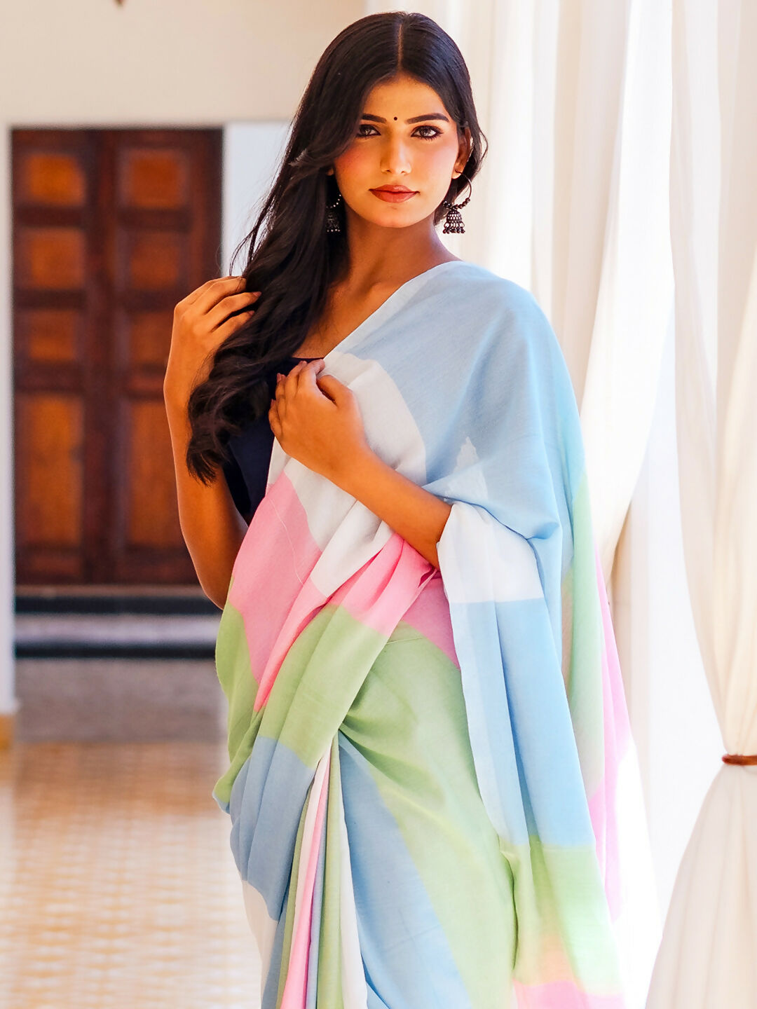Zibaa Hand-Dyed Mul Cotton Multi-color Saree with Tassels