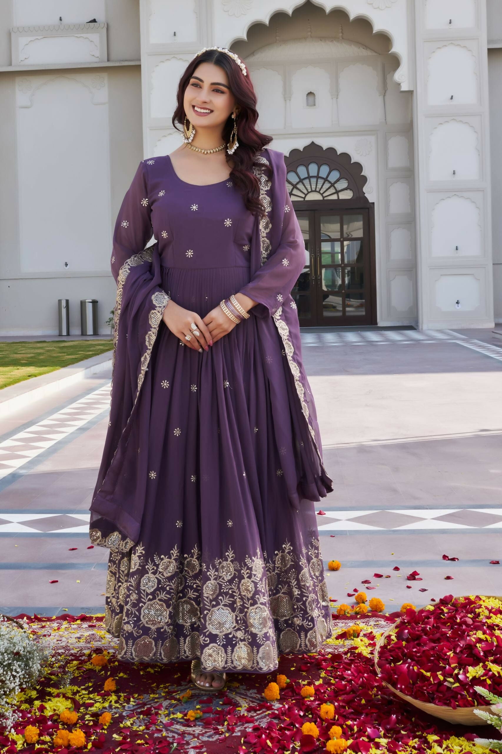 Teeya Creation Womens Wedding Wear Heavy Sequence Embroidery Work Purple Gown Set - Dista