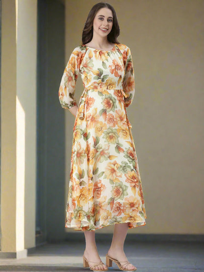 Souchii Cream Floral Chiffon Dress - Dista