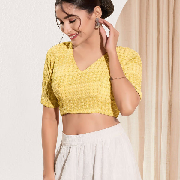 Joban Fashion Yellow Crochet Padded Blouse With V Neck Elbow Sleeves - Distacart