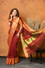 Thumbnail for Very Much Indian Handloom Pure Cotton Linen Saree With Golden Border - Dark Maroon - Distacart