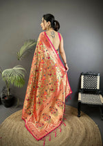 Thumbnail for Joban Fashion Peach Floral & Leaf Motifs Soft Silk Paithani Saree - Distacart