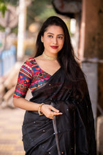Thumbnail for Black Pure Linen Ethnic Motifs Saree with Unstitched Blouse - A2M