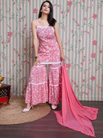 Thumbnail for Ode by House of Pataudi Floral Printed Pure Cotton Straight Kurti with Sharara & Dupatta - Distacart