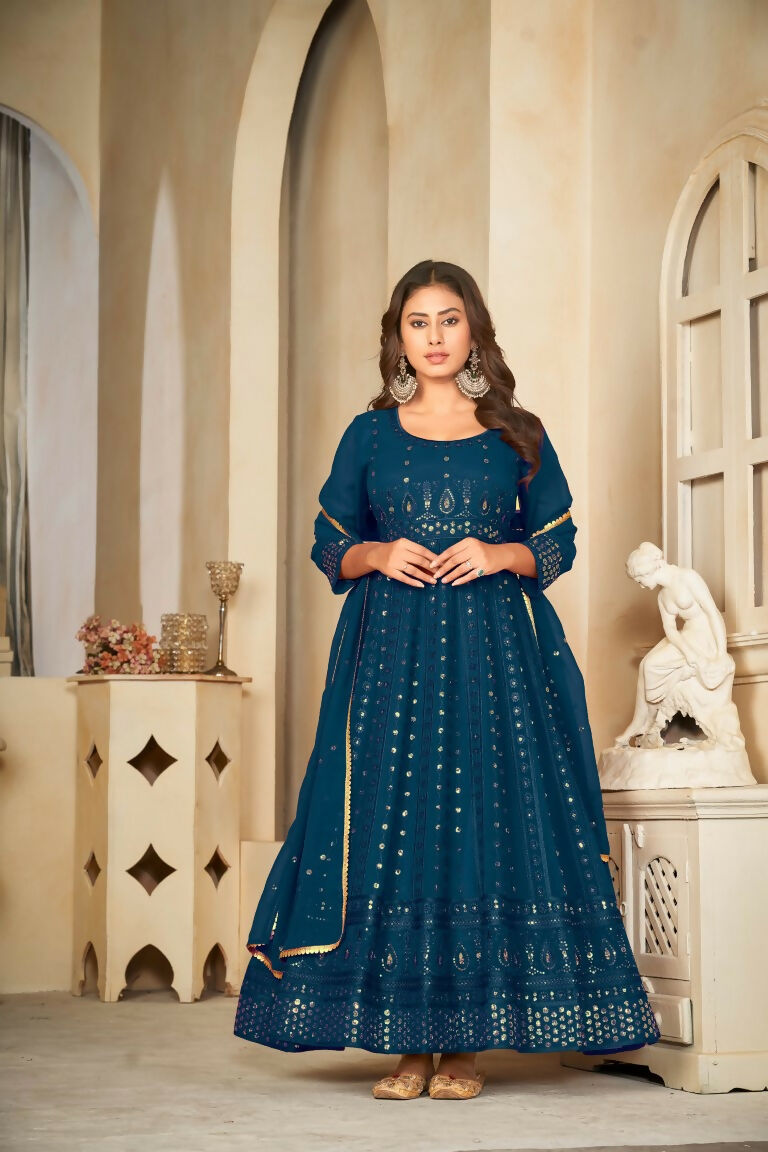 Jyoti Fashion Women's Rama Georgette Embroidered Anarkali Kurta Pant Set With Dupatta - Distacart
