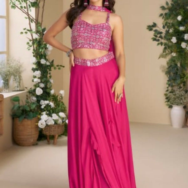 Anaita Magenta Heavy Chinon Stitched 3 Piece Set With Sequence & Mirror Work