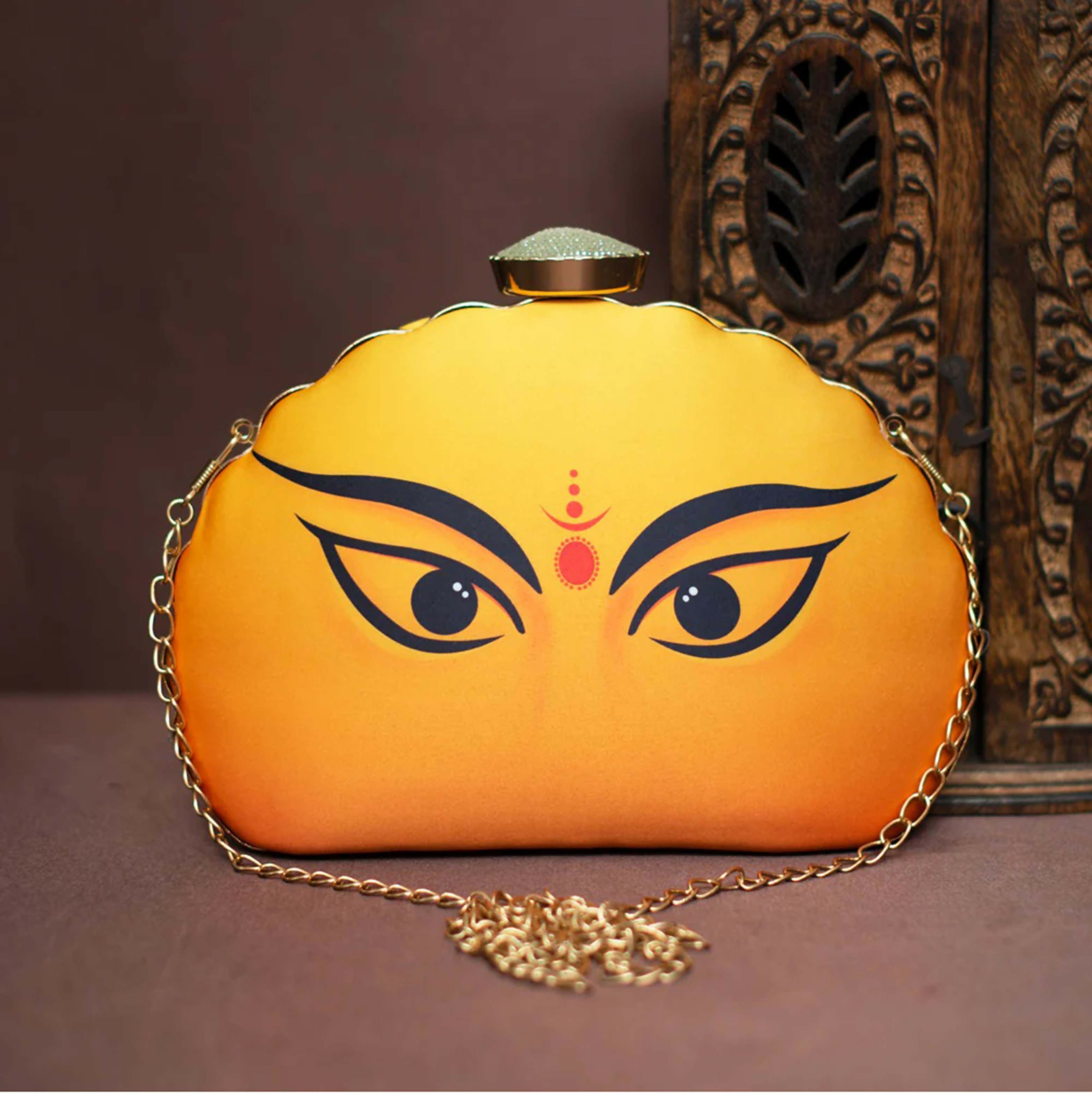 Joban Fashion Durga Eyes Yellow Printed D-Shape Clutch - Yellow