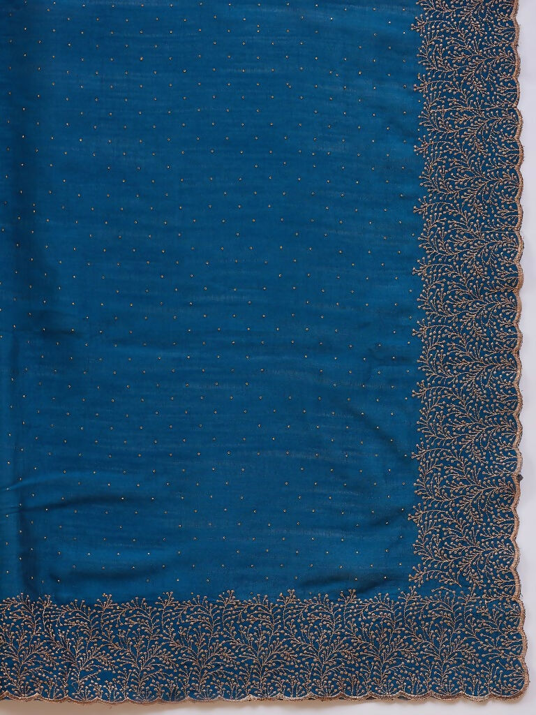 Blue Silk Blend Embroidered Saree with Unstitched Blouse - Vairagi - Distacart