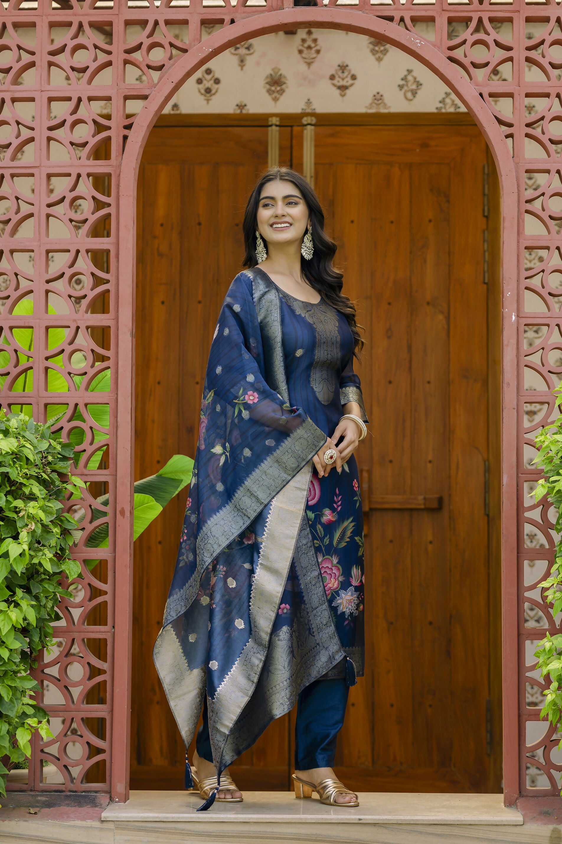 The52 Women's Beautiful Printed Work Jacquard Organza Fabric Straight Kurta Pant and Dupatta Set - Distacart