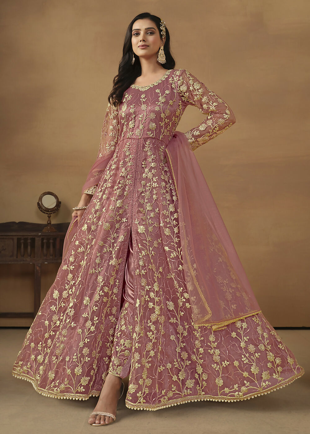 Pant Style Coral Pink Embroidered Net Wedding Anarkali Suit - Emponline - Distacart
