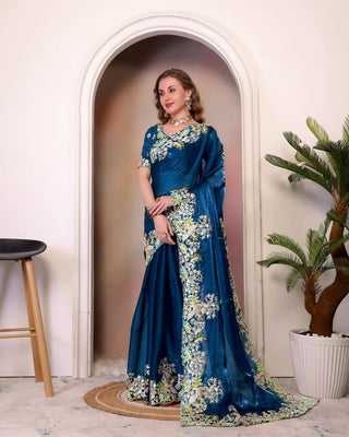 Teeya Creation Blue Color Zimichhu Silk Heavy Work Saree - Distacart