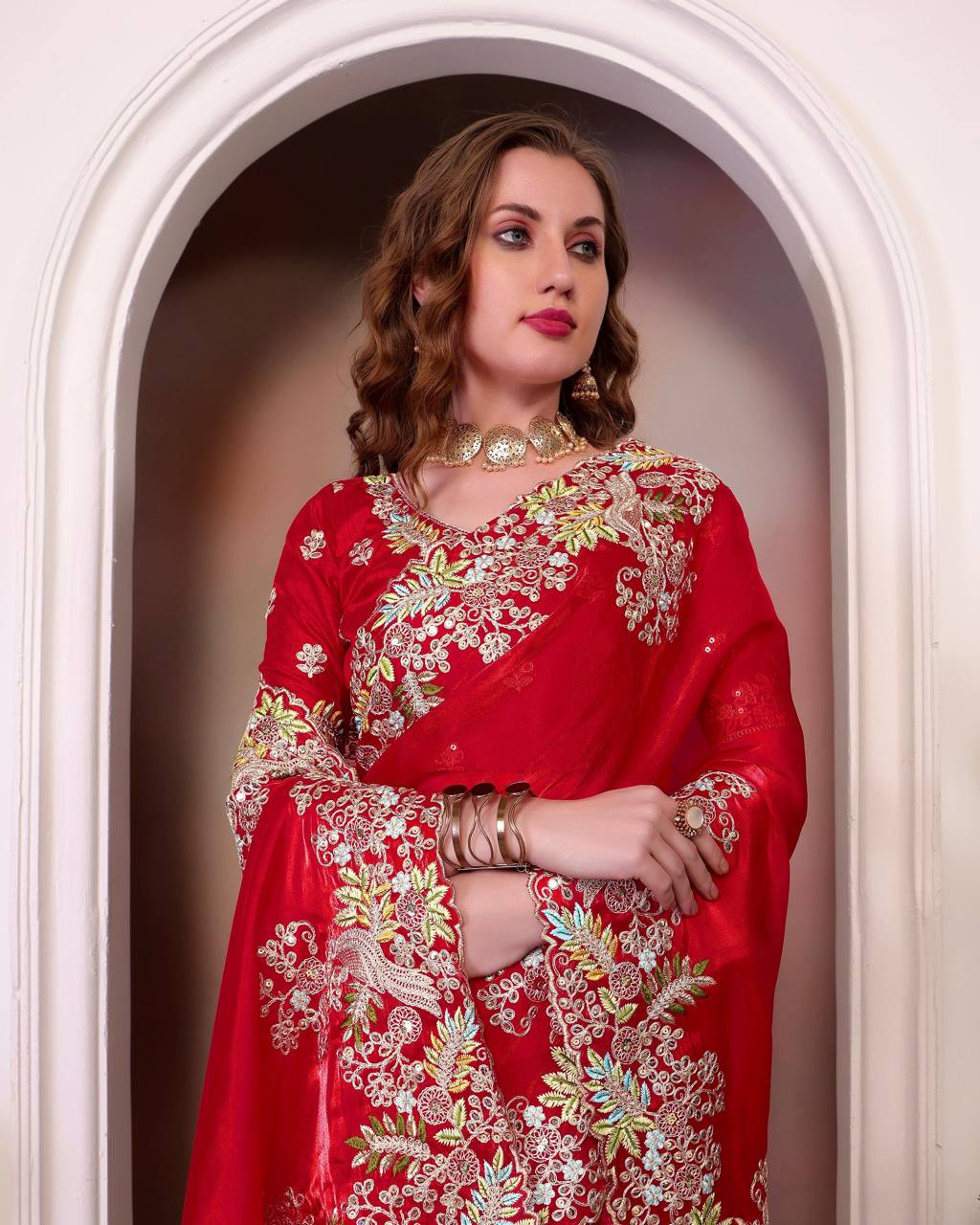 Teeya Creation Red Color Zimichhu Silk Heavy Work Saree - Distacart