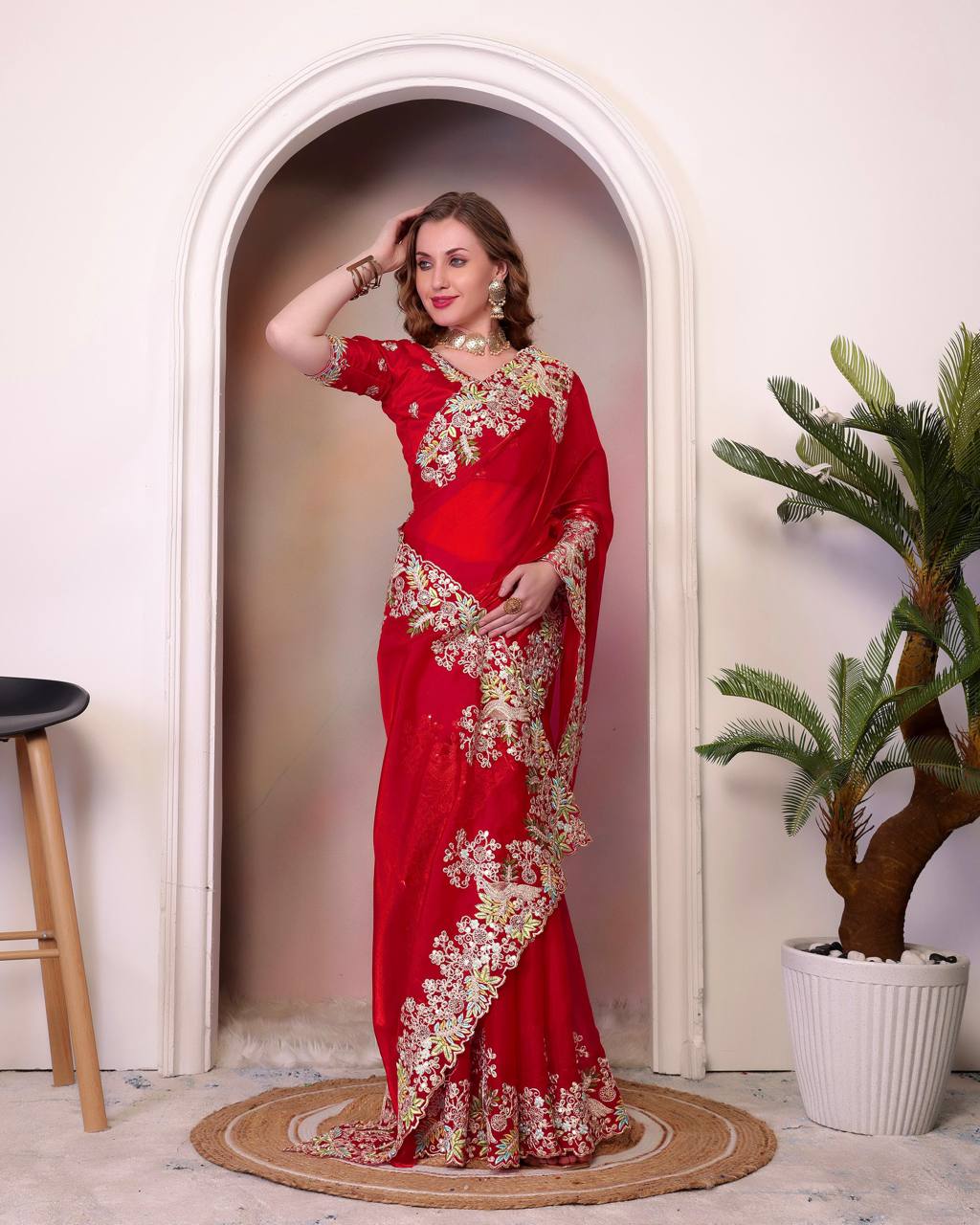 Teeya Creation Red Color Zimichhu Silk Heavy Work Saree - Distacart