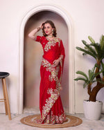 Thumbnail for Teeya Creation Red Color Zimichhu Silk Heavy Work Saree - Distacart