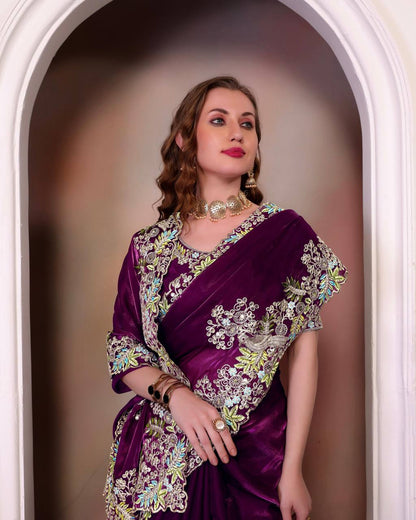 Teeya Creation Wine Color Zimichhu Silk Heavy Work Saree - Distacart