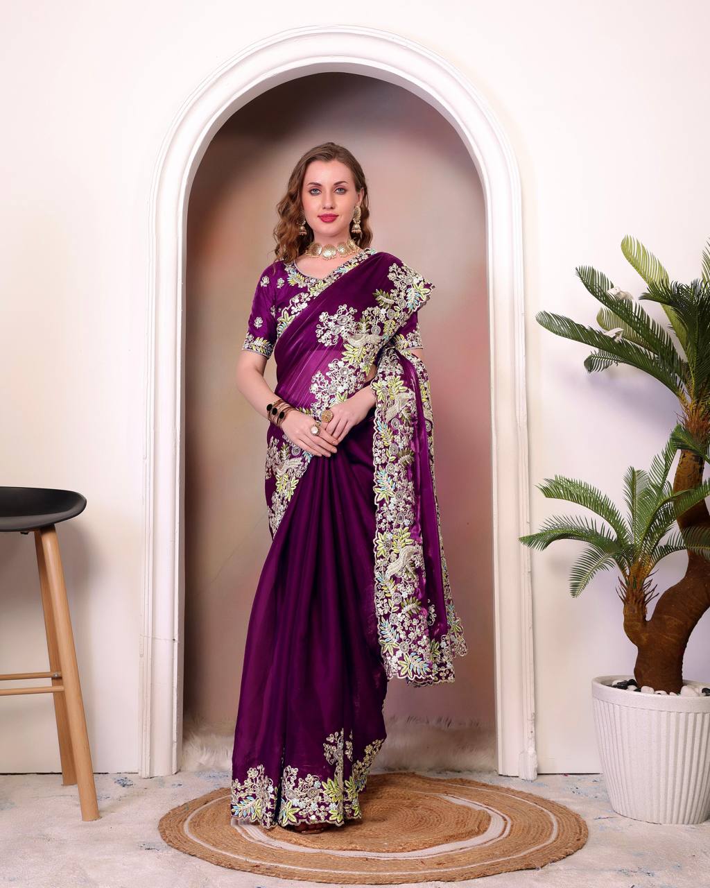 Teeya Creation Wine Color Zimichhu Silk Heavy Work Saree - Distacart