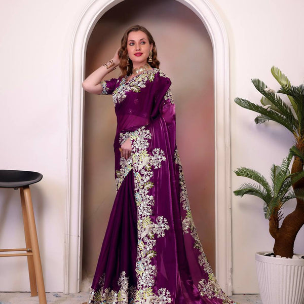 Teeya Creation Wine Color Zimichhu Silk Heavy Work Saree - Distacart