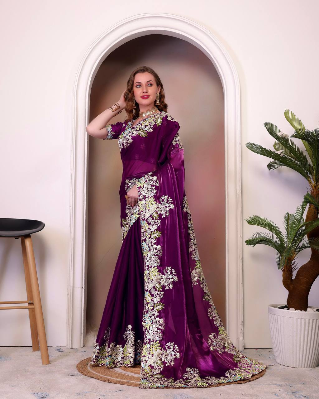 Teeya Creation Wine Color Zimichhu Silk Heavy Work Saree - Distacart